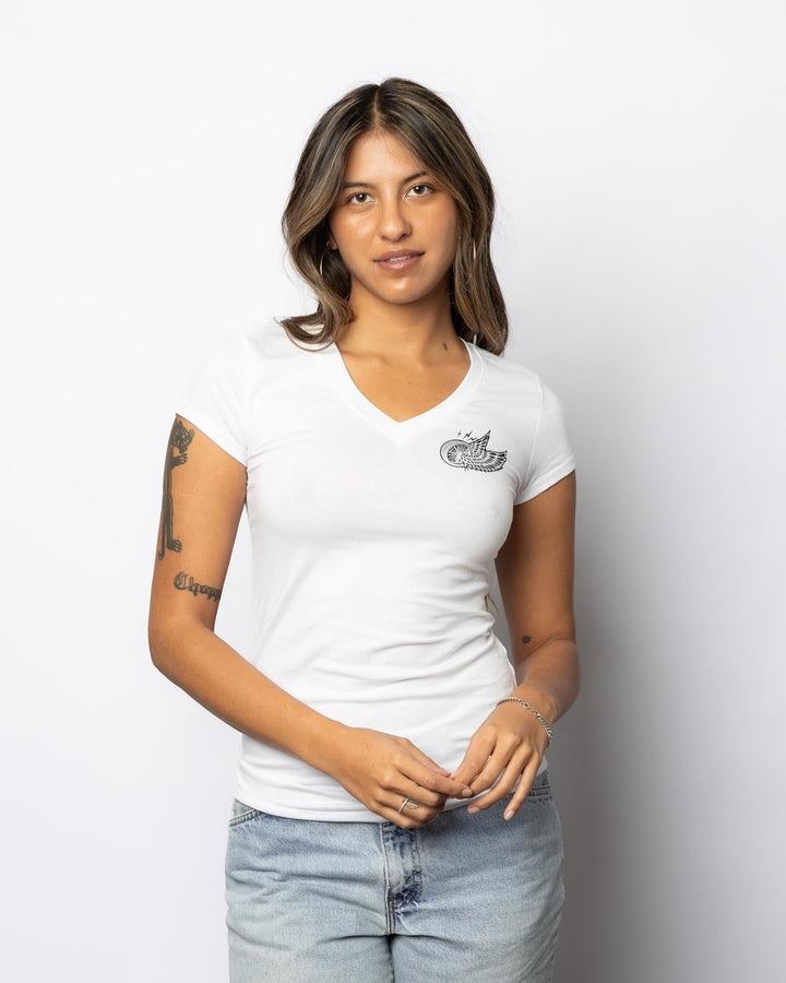 Winged Wheel Womens V - Neck White - Espinoza's Leather
