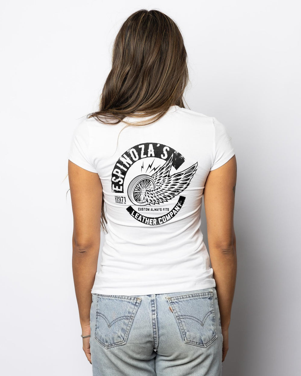 Winged Wheel Womens V - Neck White - Espinoza's Leather