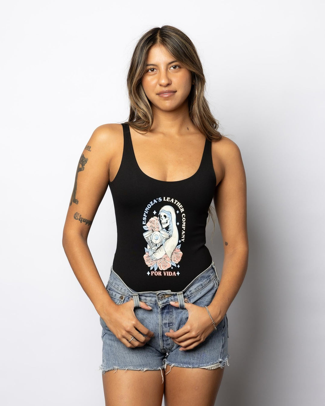 Women's Black Santa Muerte Bodysuit - Espinoza's Leather