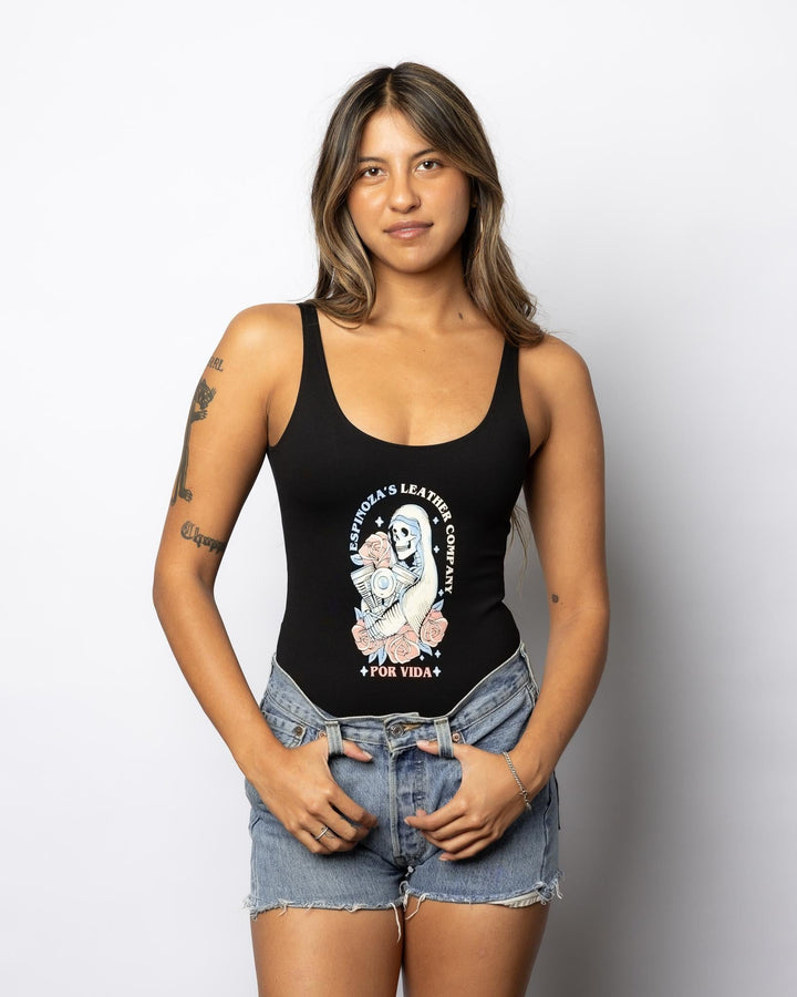 Women's Black Santa Muerte Bodysuit - Espinoza's Leather