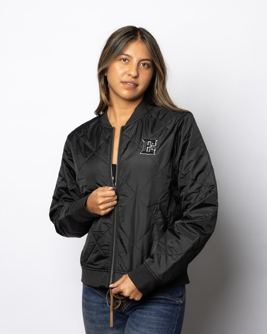 Womens Bomber Jacket with E Logo - Black - Espinoza's Leather