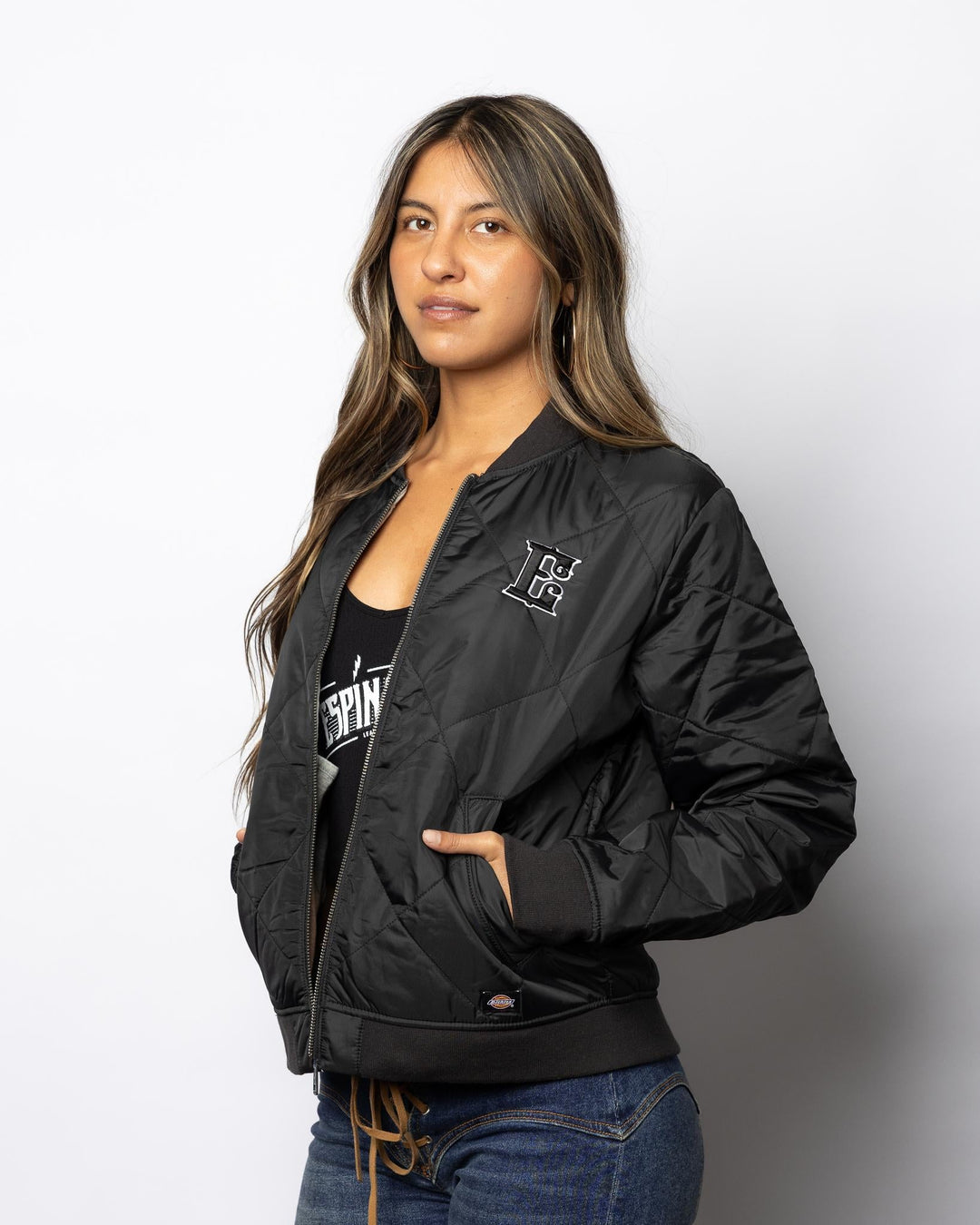 Womens Bomber Jacket with E Logo - Black - Espinoza's Leather