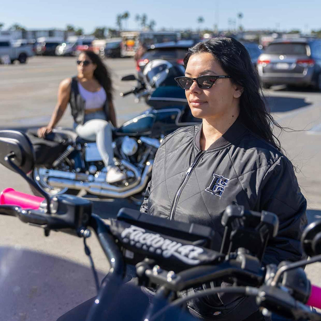 Womens Bomber Jacket with E Logo - Black - Espinoza's Leather