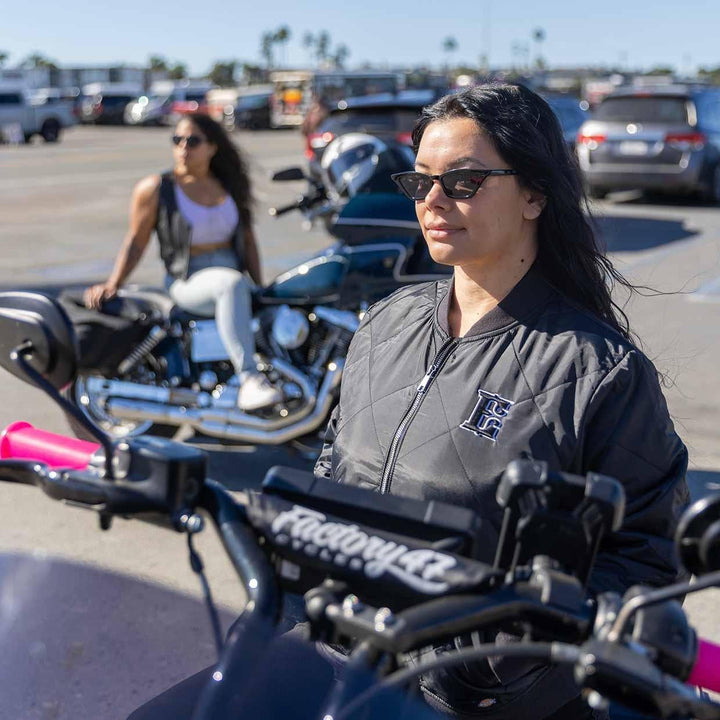 Womens Bomber Jacket with E Logo - Black - Espinoza's Leather