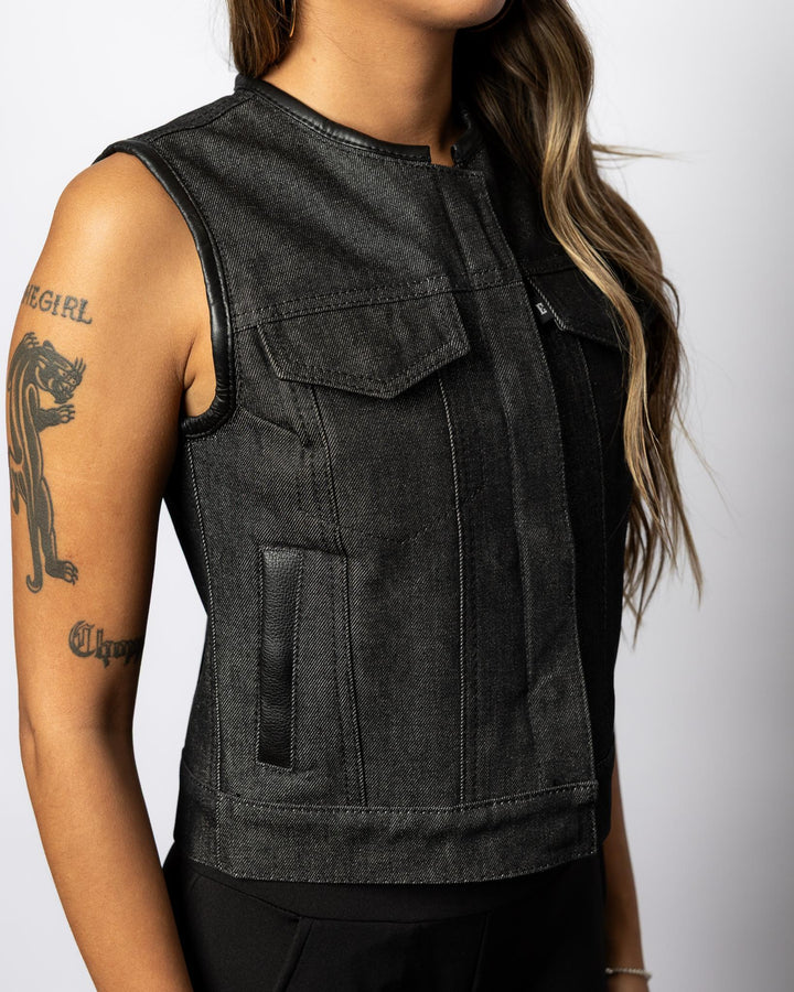WOMEN'S "IN STOCK" STONEWASH DENIM CLUBVEST - Espinoza's Leather