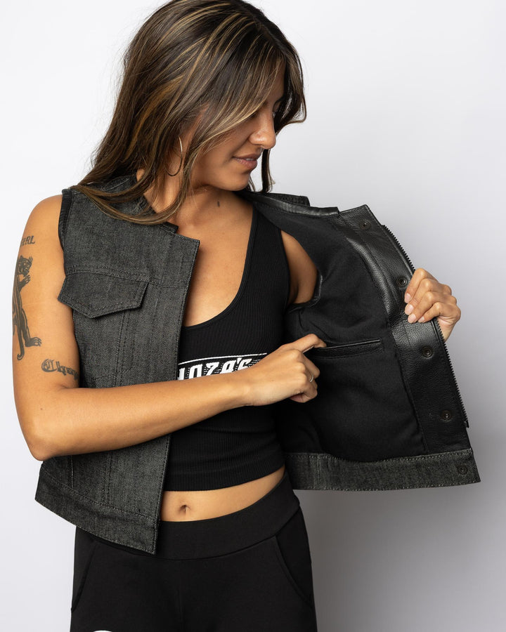 WOMEN'S "IN STOCK" STONEWASH DENIM CLUBVEST - Espinoza's Leather