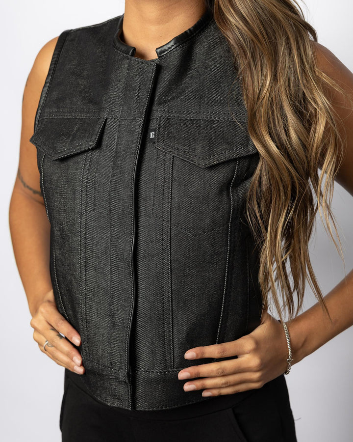 WOMEN'S "IN STOCK" STONEWASH DENIM CLUBVEST - Espinoza's Leather