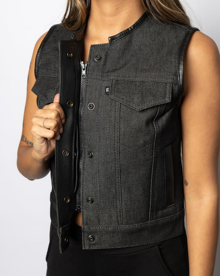 WOMEN'S "IN STOCK" STONEWASH DENIM CLUBVEST - Espinoza's Leather