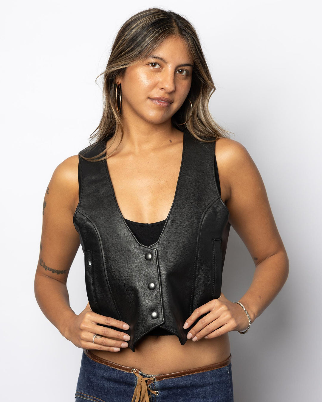 Women’s Low V Leather Vest - Espinoza's Leather