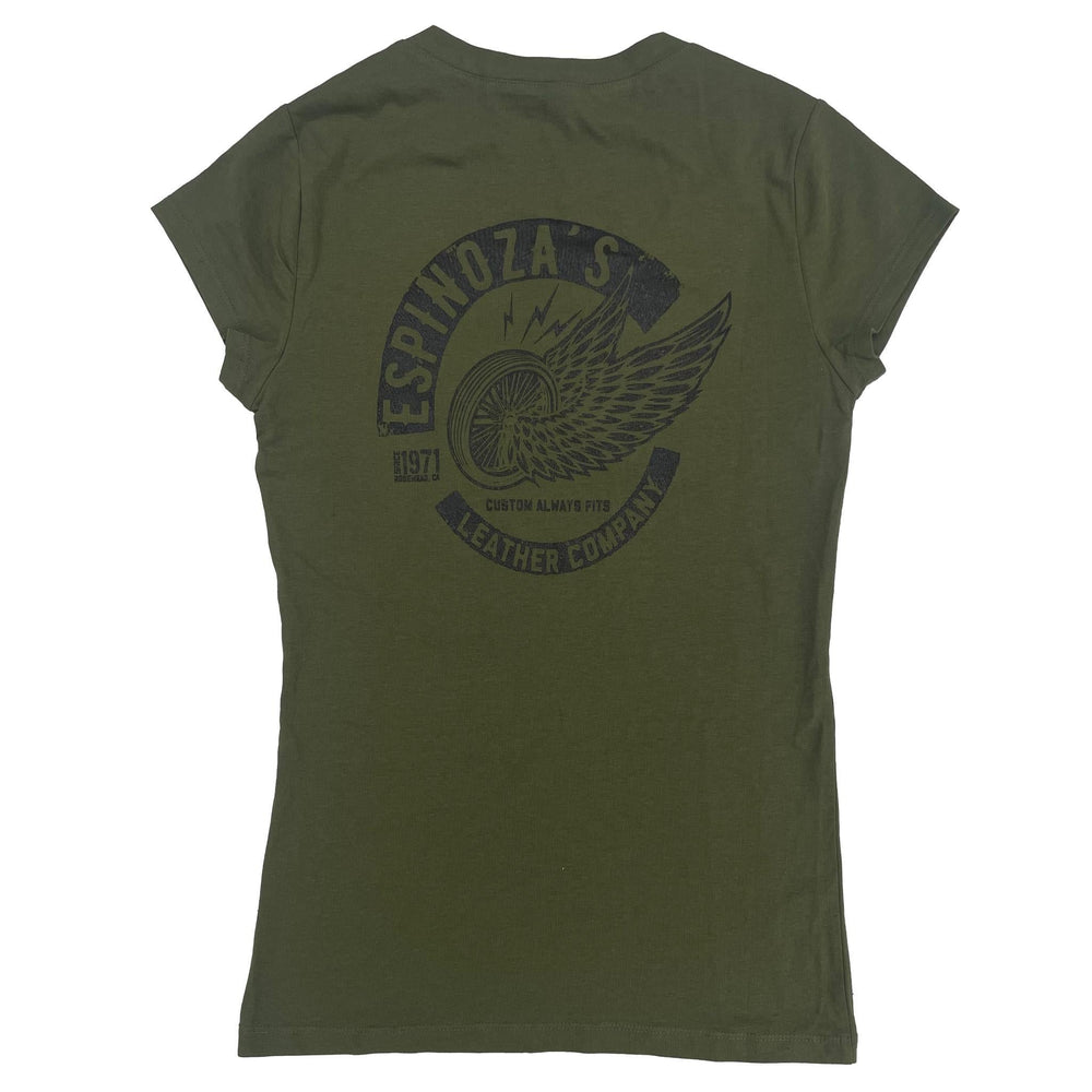 Winged Wheel Womens V-Neck Olive Green - Espinoza's Leather