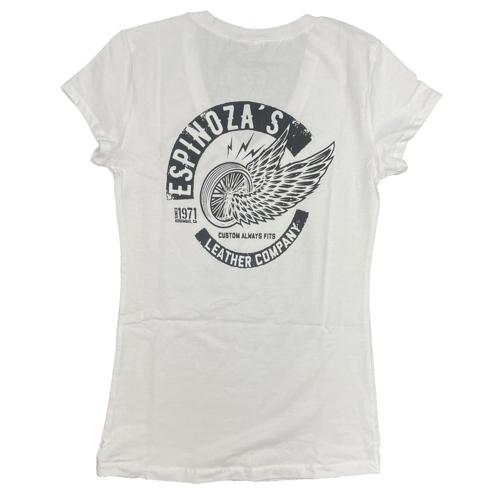 Winged Wheel Womens V-Neck White - Espinoza's Leather