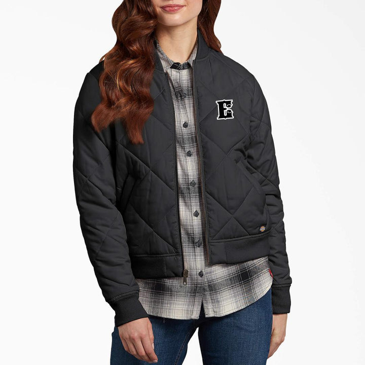 Womens Bomber Jacket with E Logo - Black - Espinoza's Leather